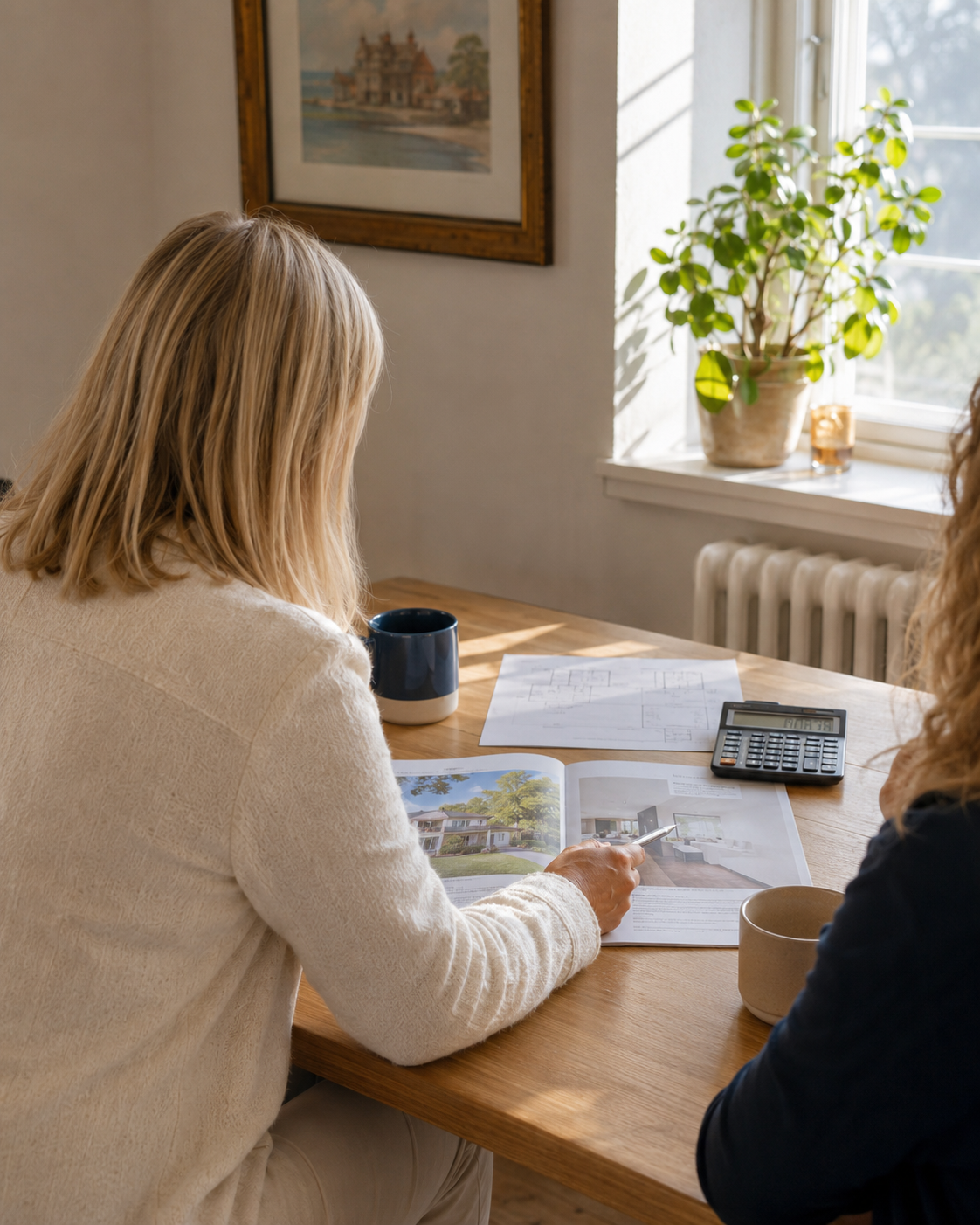 Maria med brochure ved bordet